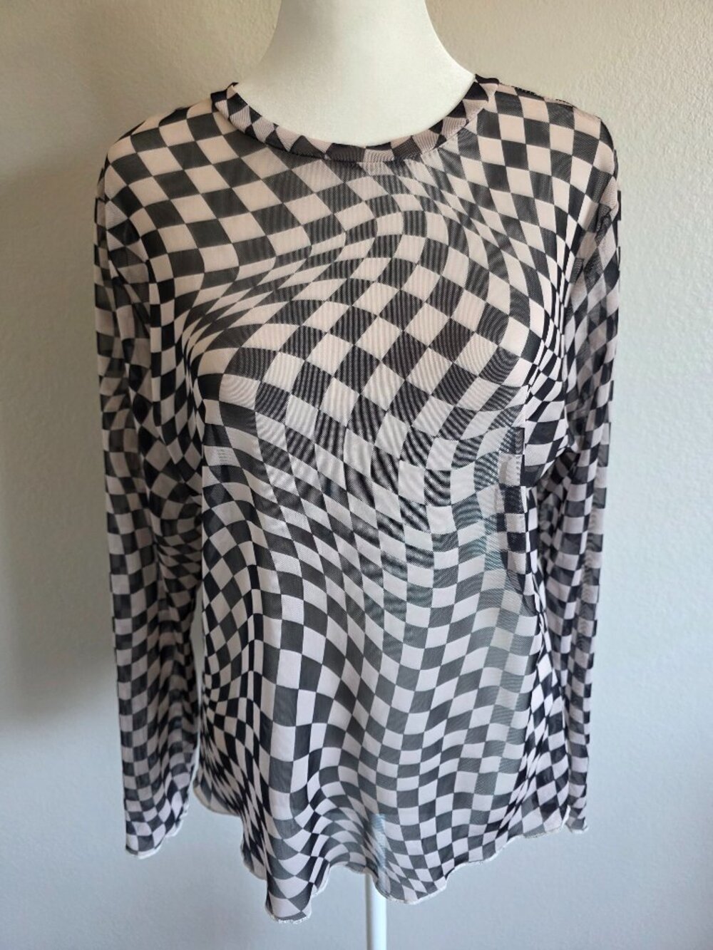 Davi & Dani Mesh Top Checker Board Geometric Layering Shirt Long Sleeve Size L